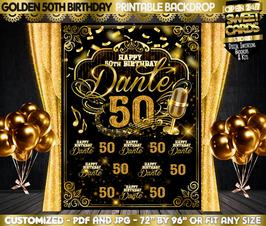 5OTH Birthday Printable Party Backdrop, Fifty Birthday Party Backdrop, Gold and black 50th Birthday Backdrop, Music 50th Backdrop , 50th