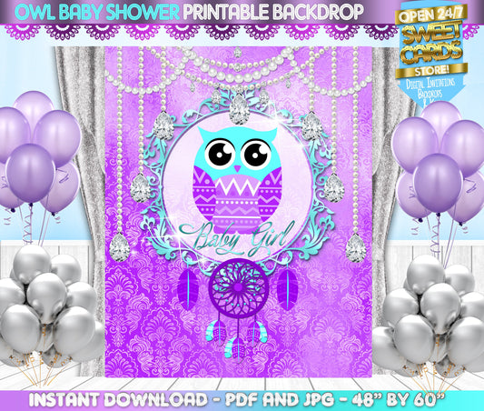 Owl Girl Baby Shower printable backdrop, Owl Baby shower, boho Chic owl baby shower, owl dreamcatcher, Owl Party Banner, Owl baby shower