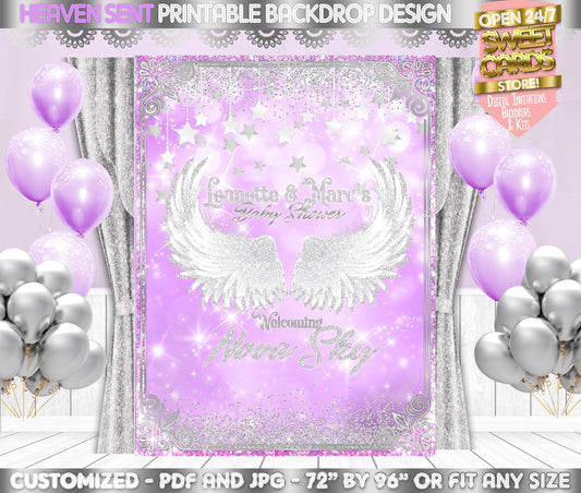 Heaven Sent  Wings Printable Party Backdrop, Heaven Sent lavander Backdrop, Heaven sent wings printable Party, Girl Baby Shower, Backdrop