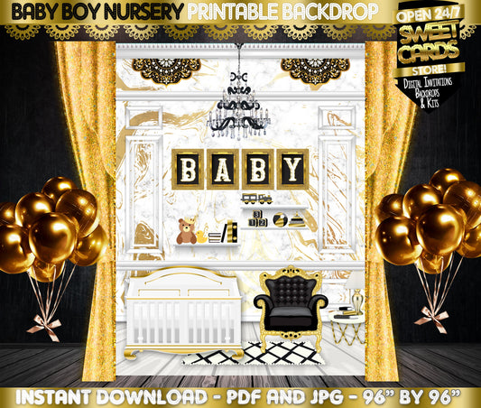 Nursery Baby Shower Printable backdrop, white gold black baby shower backdrop, Elegant Baby shower Backdrop, Luxury baby shower backdrop