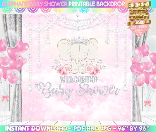 Baby Elephant Princess  Baby Shower Printable Backdrop, Pink Elephant Baby Shower Backdrop, Tiara Elephant Baby shower backdrop, Elephant