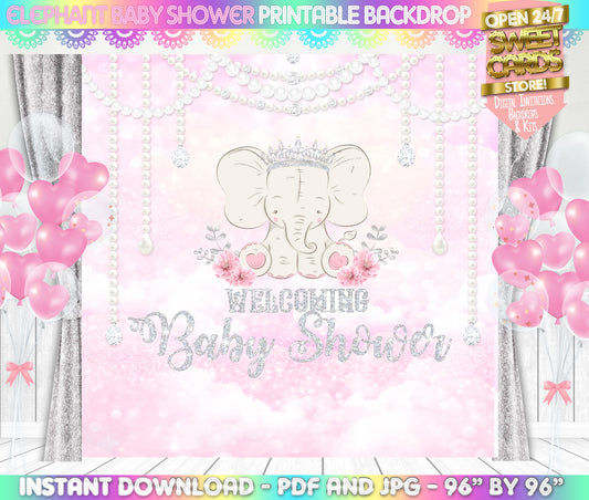 Baby Elephant Princess Baby Shower Printable Backdrop, Pink Elephant Baby Shower Backdrop, Tiara Elephant Baby shower backdrop, Elephant