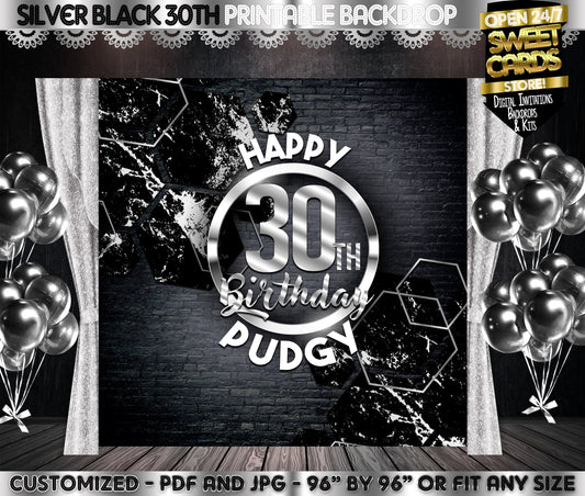 30th Birthday Black Silver Party Backdrop, 30th Birthday Backdrop, 30th Black silver banner, Party Backdrop, Happy Birthday Backdrop, Banner