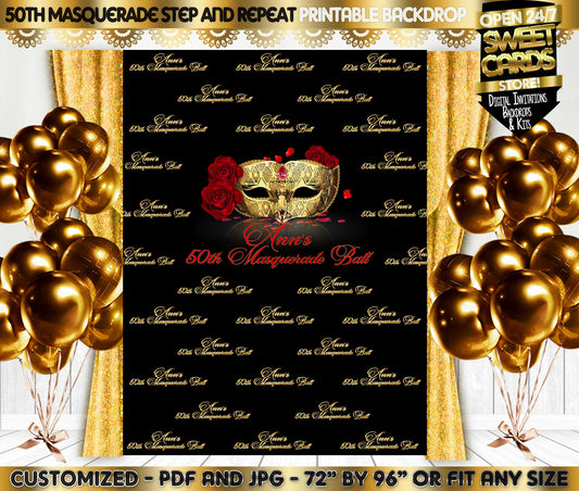 Red and Gold Masquerade 50th step and repeat party backdrop, step and repeat backdrop, 50th party backdrop, masquerade backdrop, mardi gras