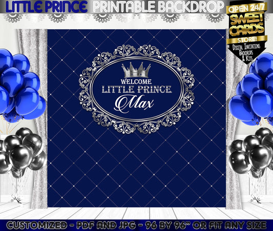 Royal Prince Little Prince Blue and Silver Printable backdrop, crown navy blue and silver backdrop, Baby shower backdrop Royal Prince banner