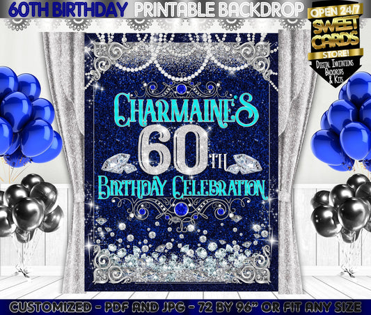 60th Birthday party backdrop, 60th anniversary diamonds backdrop, blue diamonds silver backdrop, royal diamonds backdrop, 60 diamonds banner