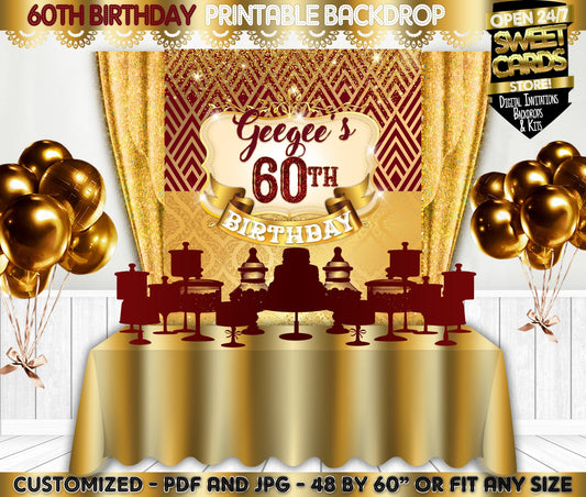 60th Birthday party backdrop, 60th anniversary burgundy gold backdrop, gold burgundy glitter backdrop, sixty backdrop, 60th anniversary