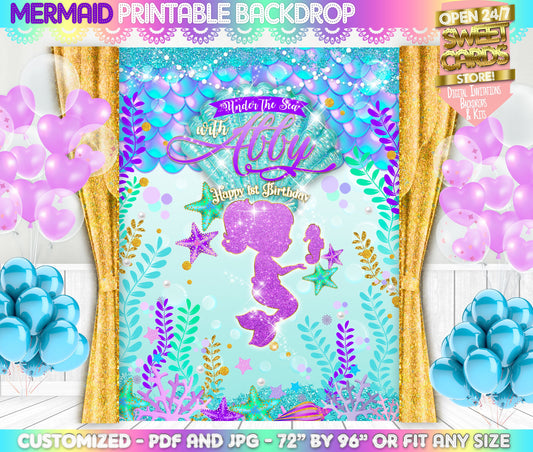 Mermaid Glitter Printable Backdrop, Mermaid under the sea Backdrop, Mermaid Photo Backdrop, Underwater mermaid Backdrop, Mermaid Party Decor