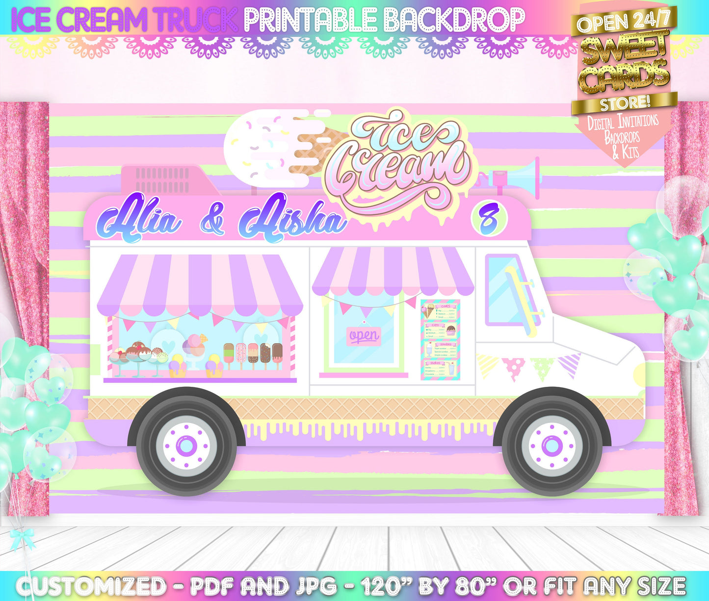 Ice Cream Truck Party Backdrop, Ice cream Truck photo backdrop, Ice cream Truck Birthday Banner, Ice cream Party Backdrop, Ice cream party