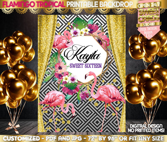 Flamingo Floral Gold Glitter Printable Backdrop, Flamingo Party Backdrop, Sweet sixteen gold Flamingo Printable backdrop, Tropical backdrop
