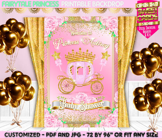 Princess Carriage Fairytale Digital Printable Backdrop, Carriage Backdrop, Princess Backdrop, Fairytale Backdrop, Pink Gold Tiara Backdrop