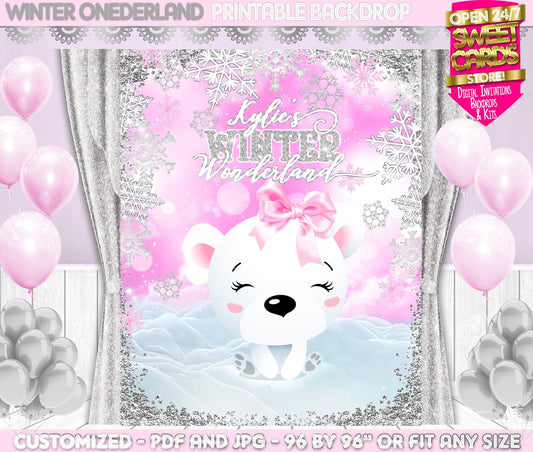 Winter Wonderland Bow Polar Bear Digital Printable backdrop, Polar bear winter onederland backdrop, snowflakes winter backdrop pink silver