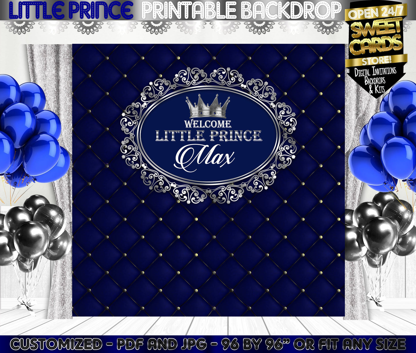 Royal Prince Little Prince Blue and Silver Printable backdrop, crown navy blue and silver backdrop, Baby shower backdrop Royal Prince banner