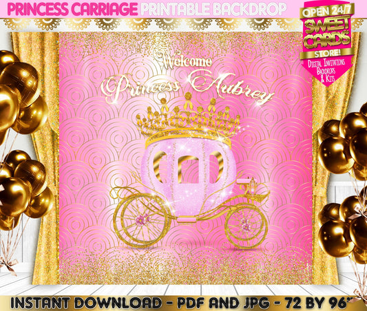 Princess Carriage Digital Printable Backdrop, Carriage Backdrop, Princess Backdrop, Fairytale Backdrop, Pink Gold Tiara Backdrop, Princess