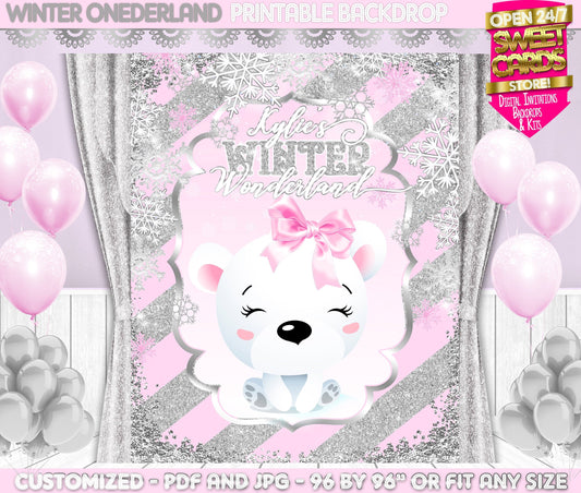 Winter Wonderland polar bear Digital Printable party backdrop, Winter Onederland Backdrop, Bow polar bear Snowflakes backdrop, silver pink