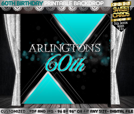 Teal Black Sixty Birthday Printable party backdrop, Man 60th birthday party backdrop, teal black silver backdrop, 60th birthday banner, 50th