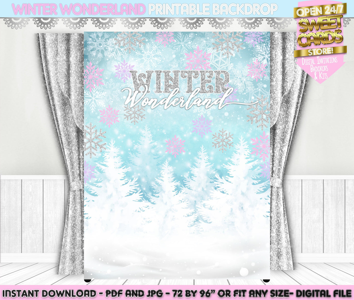 Winter Wonderland Snowflakes Digital Printable party backdrop, Winter Onederland Backdrop, Winter Snow Snowflakes backdrop, winter banner
