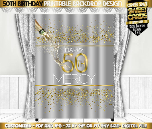 5OTH Birthday Printable Party Backdrop, Fifty Birthday Party Backdrop, Silver and Gold 50th Birthday Backdrop, Elegant 50th Backdrop , 50th