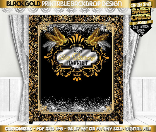 65TH Birthday Printable Party Backdrop, Birthday Anniversary Party Backdrop, Gold and black 50th 40th 60th Birthday , Elegant Backdrop