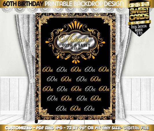 60th Birthday Step and Repeat Printable party backdrop, Gold silver Black Backdrop, 60th 50th 40th Birthday step and repeat backdrop decor