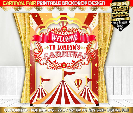 Red Gold Carnival Circus Printable Backdrop, Welcome Carnival BAckdrop, red Circus Backdrop, Carnival Circus Banner. Circus Backdrop, Fair