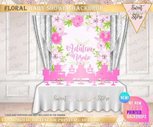 Flowers Baby shower Backdrop Floral Backdrop, spring flowers Pink green Backdrop, Floral bloom baby shower backdrop