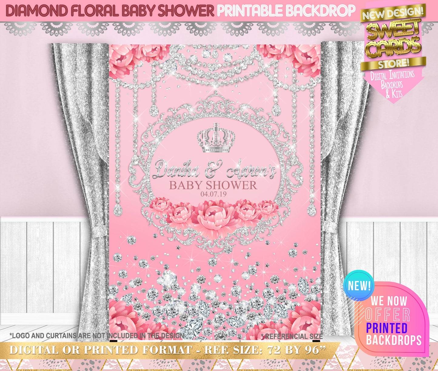 Diamond and Flowers Baby shower Backdrop, Diamonds backdrop, Flowers baby shower, Elegant diamonds baby shower backdrop, Baby shower girl
