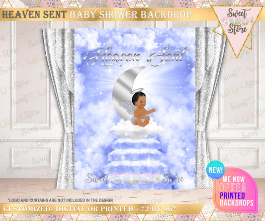 Heaven sent Baby shower Backdrop Heaven Sent Angel Backdrop, Angel Wings Blue Silver Backdrop, Angel baby boy clouds baby shower backdrop