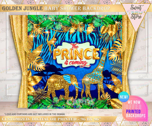 Jungle printable baby shower backdrop blue gold baby shower safari baby shower safari backdrop golden baby shower jungle decor whimsical