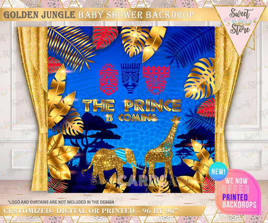 Jungle baby shower backdrop blue red gold baby shower safari baby shower safari backdrop golden baby shower jungle decor whimsical
