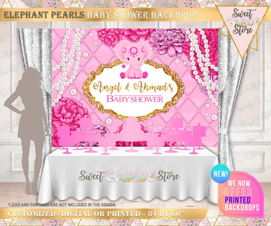 Baby Elephant flowes and pearls Baby Shower Backdrop, Pink Elephant Baby Shower Backdrop, Pink Elephant Baby shower floral pearls banner