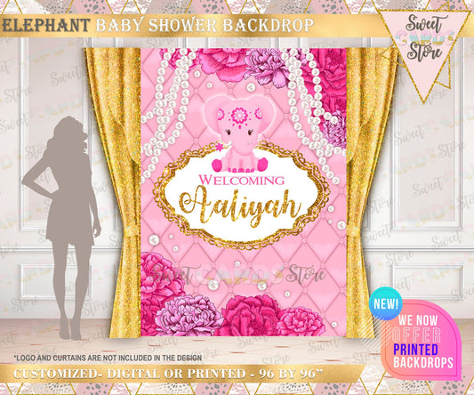 Baby Elephant flowers and pearls Baby Shower Backdrop, Pink Elephant Baby Shower Backdrop, Pink Elephant Baby shower floral pearls banner