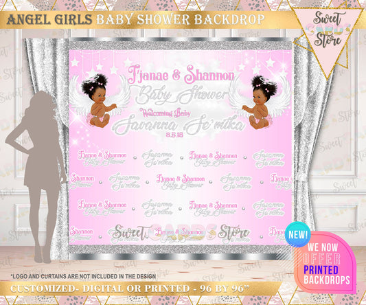 Heaven sent Angel Baby girl shower Backdrop, Heaven Sent Angel Backdrop, Angel Wings Pink Silver Backdrop, Angel Baby girl step and repeat
