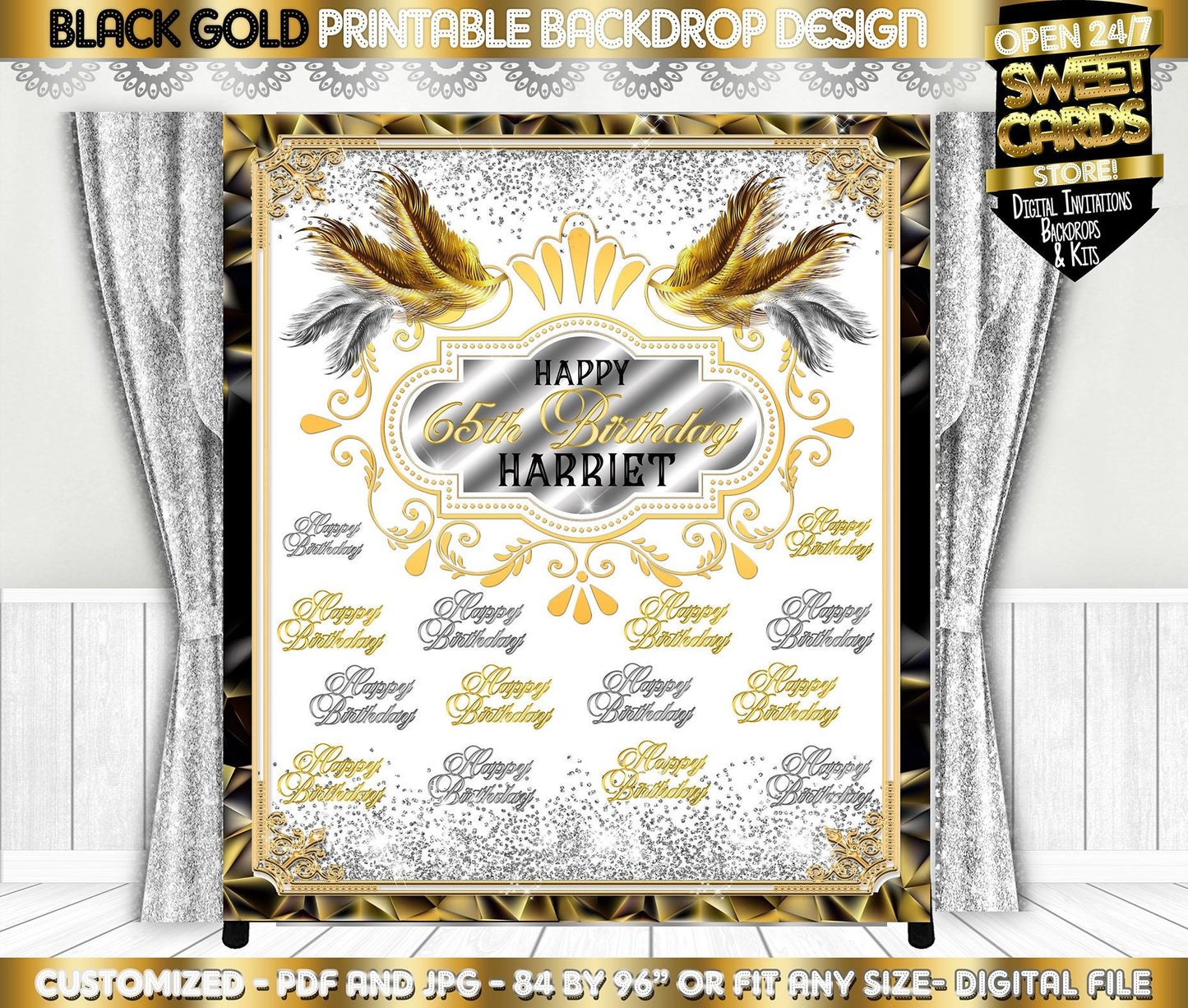65th Birthday Printable Backdrop Ste and Repeat, Step and Repeat Anniversary backdrop, 50th 60th 40th Backdrop, White gold silver backdrop