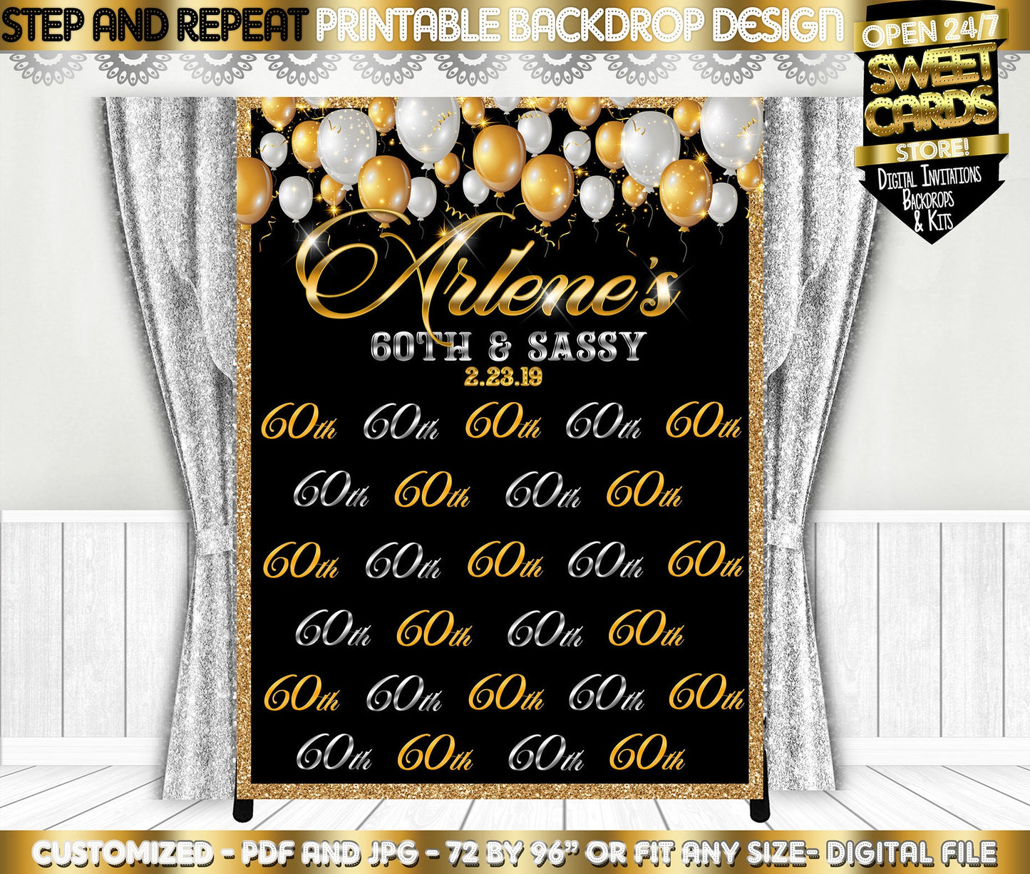 60th Birthday Step and Repeat Printable party backdrop, Gold silver Black Backdrop, 60th 50th 40th Birthday step and repeat backdrop decor
