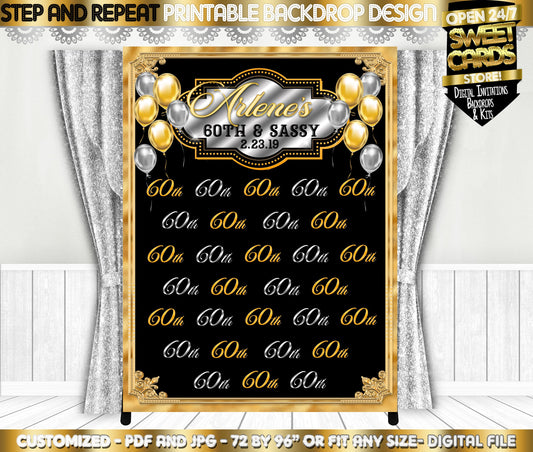60th Birthday Step and Repeat Printable party backdrop, Gold silver Black Backdrop, 60th 50th 40th Birthday step and repeat backdrop decor