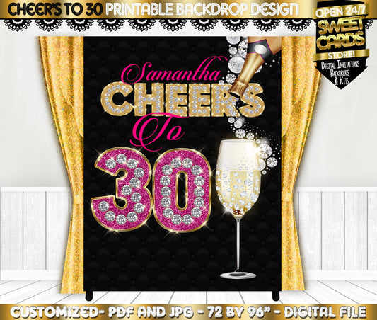 Diamonds champagne Backdrop Cheers to 30 years, Cheers to 60 years, diamond backdrop, pink backdrop, black and pink, banner, personalized