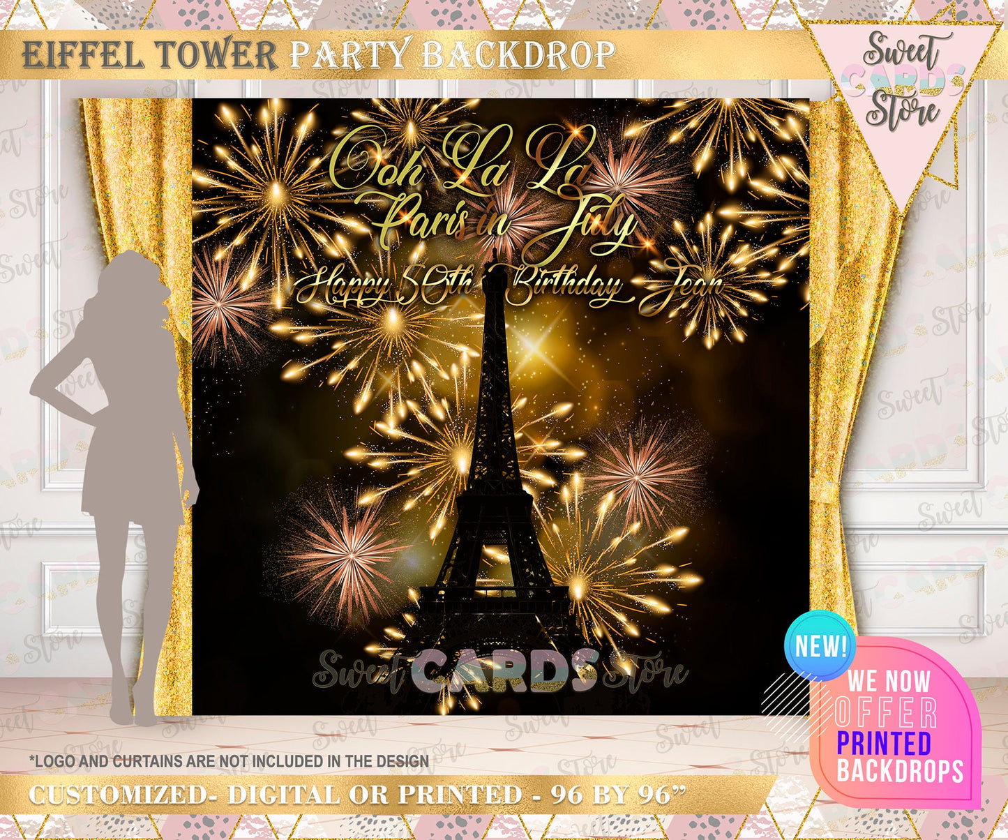 Paris Eiffel Tower Backdrop, Eiffel Tower fireworks backdrop, Eiffel tower paris banner, Eiffel Tower parisian night background, Paris Party
