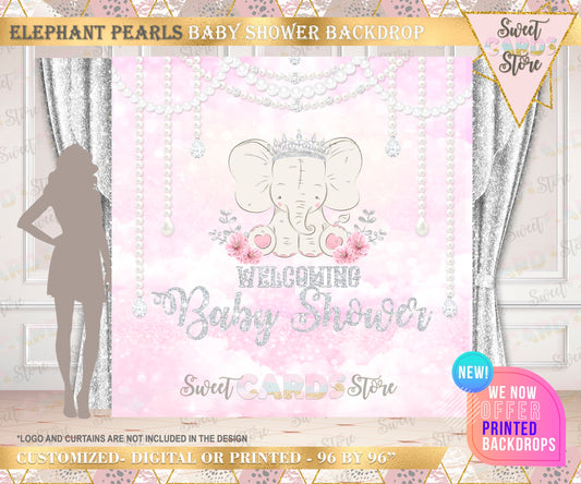 Baby Elephant  flowers and pearls Baby Shower Backdrop, Pink Elephant Baby Shower Backdrop, Pink Elephant Baby shower floral pearls banner