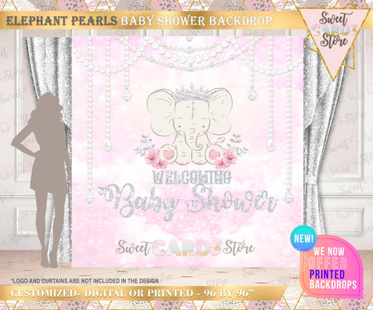 Baby Elephant flowers and pearls Baby Shower Backdrop, Pink Elephant Baby Shower Backdrop, Pink Elephant Baby shower floral pearls banner