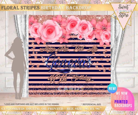 Stripes and floral backdrop, floral backdrop, 40th birthday backdrop, Navy rose gold floral stripes backdrop, flowers stripes banner