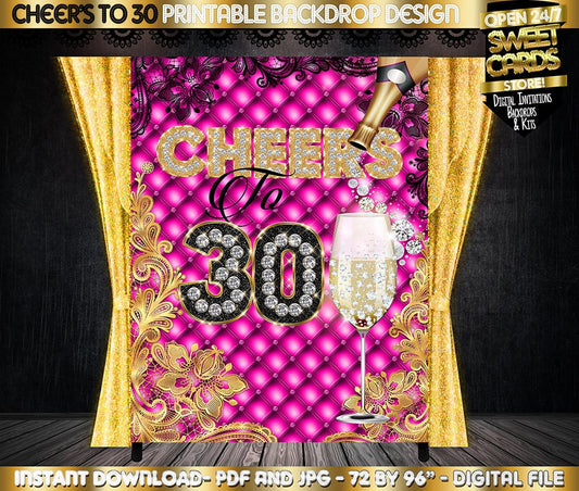 diamonds champagne Backdrop Cheers to 30 years, Cheers to 60 years, diamond backdrop, pink backdrop, black and pink gold banner