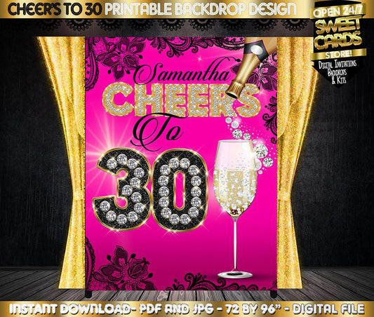 CHAMPAGNE Backdrop Cheers to 30 years, Cheers to 60 years, diamond backdrop, pink backdrop, black and pink, banner, personalized