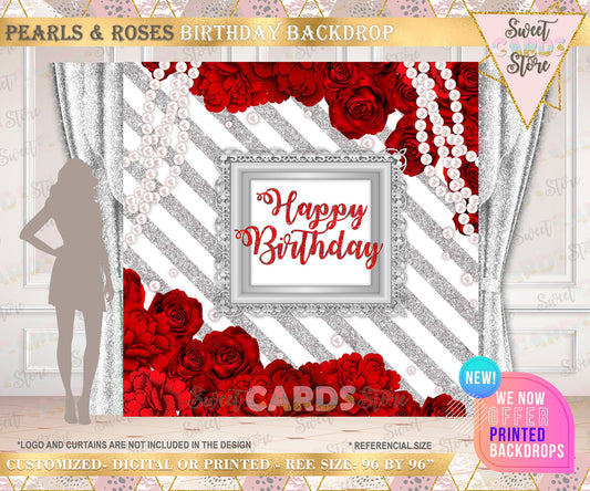 Glitter Pearls Roses Birthday Backdrop Siver Glitter and Pearls Baby Shower Silver red Glitter Baby Shower, Pearls Baby Shower Roses decor