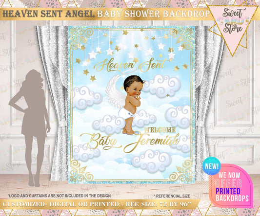 Heaven sent Baby shower Backdrop Heaven Sent Angel Backdrop, Angel Wings Blue Silver Backdrop, Angel baby boy clouds baby shower backdrop