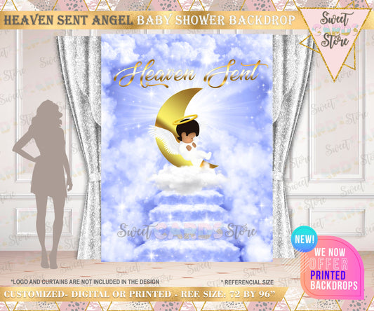 Heaven sent Baby shower Backdrop Heaven Sent Angel Backdrop, Angel Wings Blue Gold Backdrop, Angel baby boy clouds baby shower backdrop