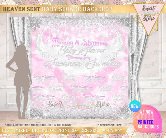 Heaven sent Angel Baby girl shower Backdrop, Heaven Sent Angel Backdrop, Angel Wings Pink Silver Backdrop, Angel Baby girl step and repeat