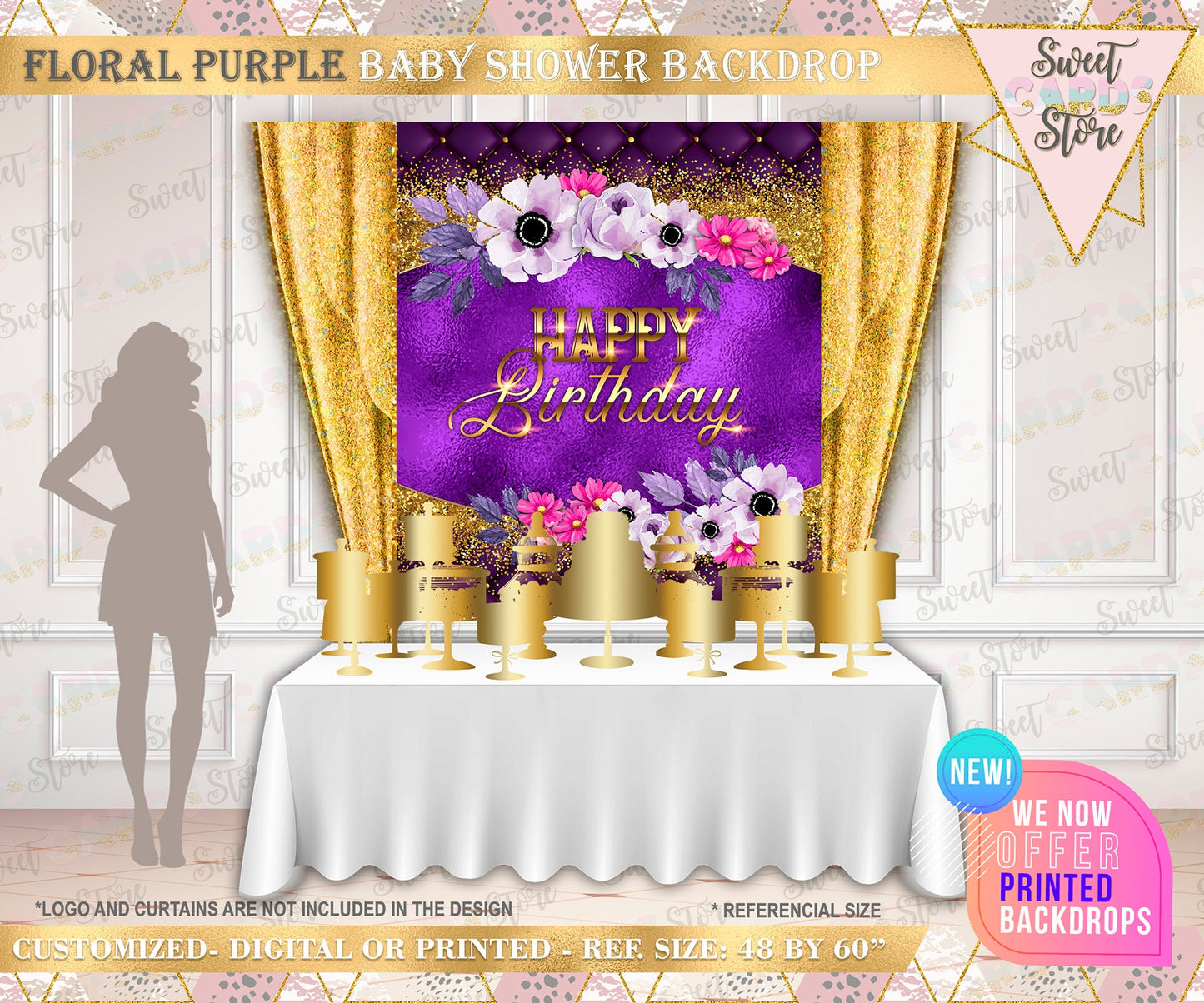 Floral purple and gold birthday backdrop, Purple and Gold Printable Backdrop, 50th aniversary backdrop, Elegant gold purple  floral backdrop
