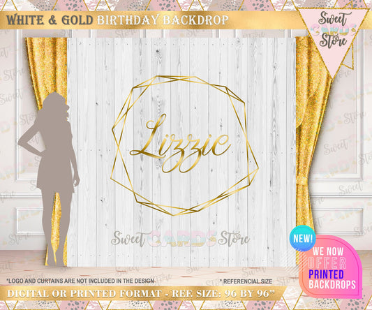 White and gold minimalist party backdrop, white gold backdrop, white gold birthday backdrop, Monogram backdrop, White gold banner decor