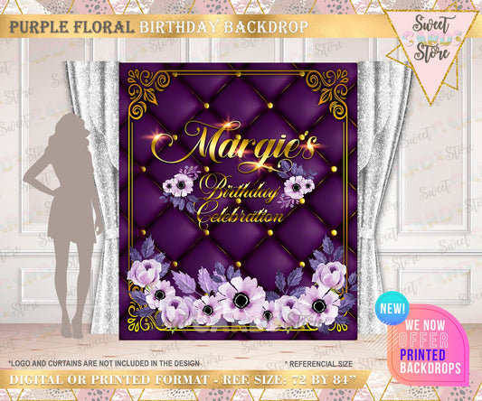 Floral purple and gold birthday backdrop, Purple and Gold Printable Backdrop, 50th aniversary backdrop, Elegant gold purple  floral backdrop